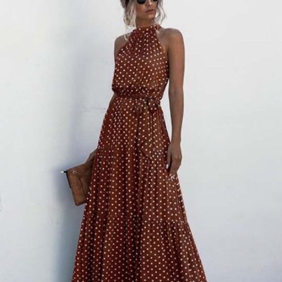 Coffee Dot Sleeveless Blouson Maxi Dress Sz Large - Picture 6 of 7